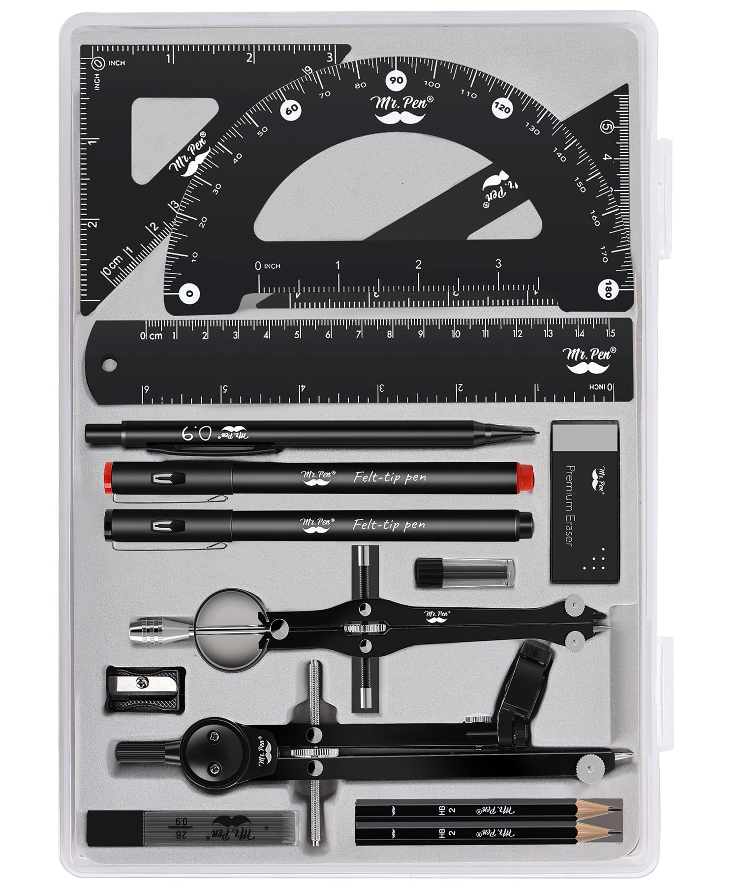 Mr. Pen- Professional Geometry Set, 15 pcs, Geometry Kit for Artists and Students, Geometry Set, Metal Rulers and Compasses, Drawing Tools, Drafting Supplies, Drafting Set, Drafting Tools and Kits