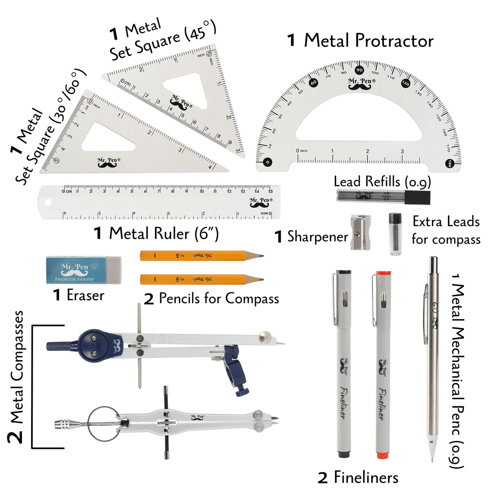 Mr. Pen- Professional Geometry Set, 15 pcs, Geometry Kit for Artists and Students, Geometry Set, Metal Rulers and Compasses, Drawing Tools, Drafting Supplies, Drafting Set, Drafting Tools and Kits