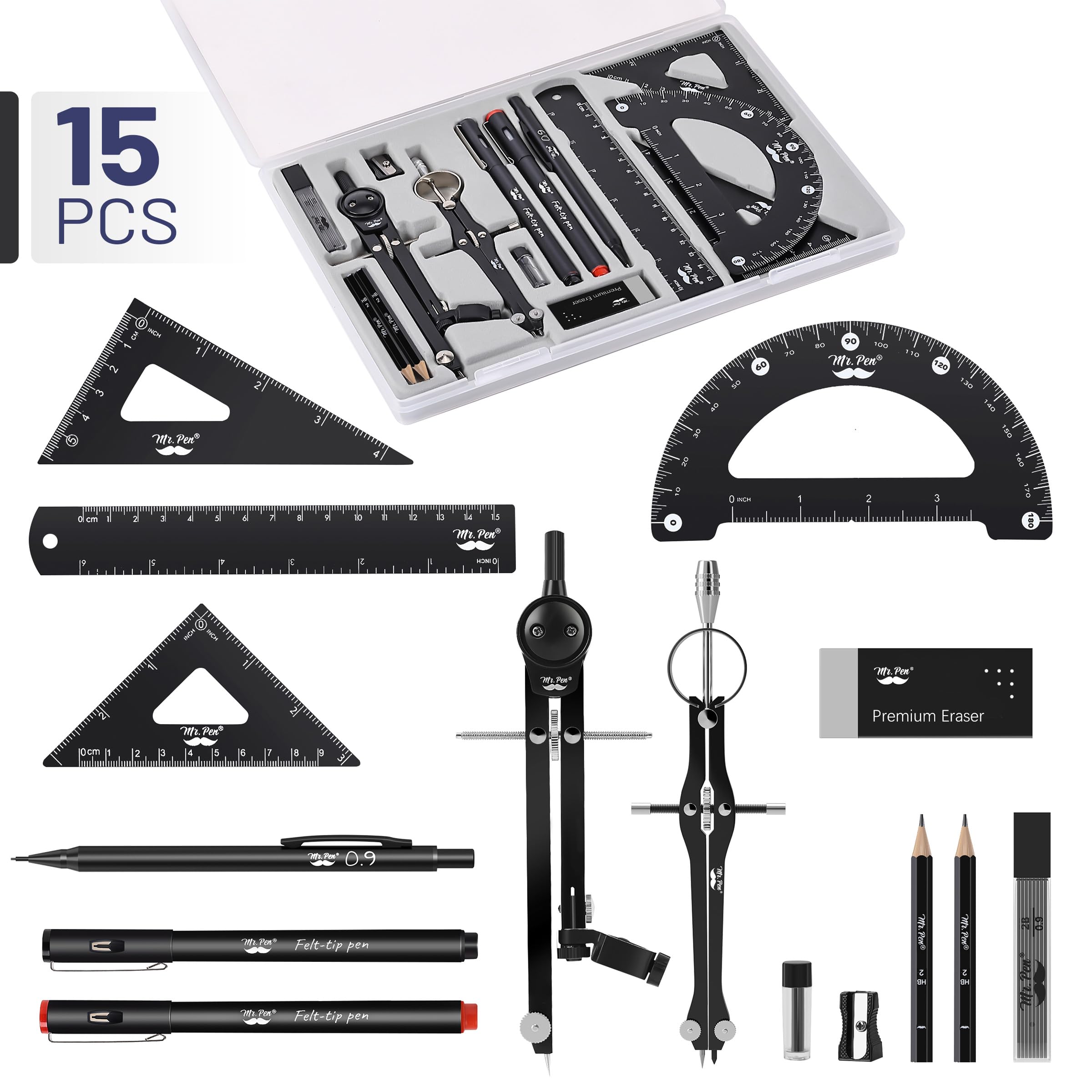Mr. Pen- Professional Geometry Set, 15 pcs, Geometry Kit for Artists and Students, Geometry Set, Metal Rulers and Compasses, Drawing Tools, Drafting Supplies, Drafting Set, Drafting Tools and Kits