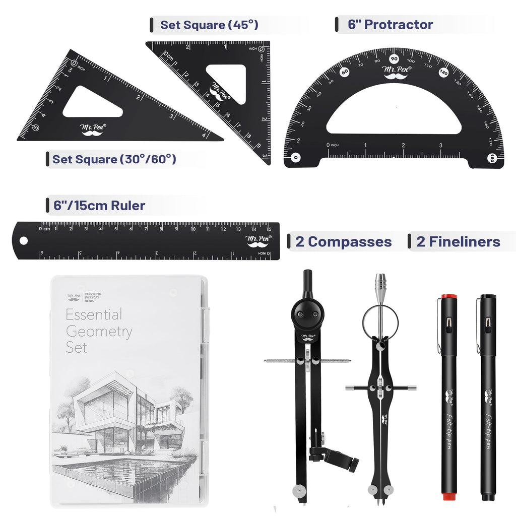 Mr. Pen- Professional Geometry Set, 15 pcs, Geometry Kit for Artists and Students, Geometry Set, Metal Rulers and Compasses, Drawing Tools, Drafting Supplies, Drafting Set, Drafting Tools and Kits
