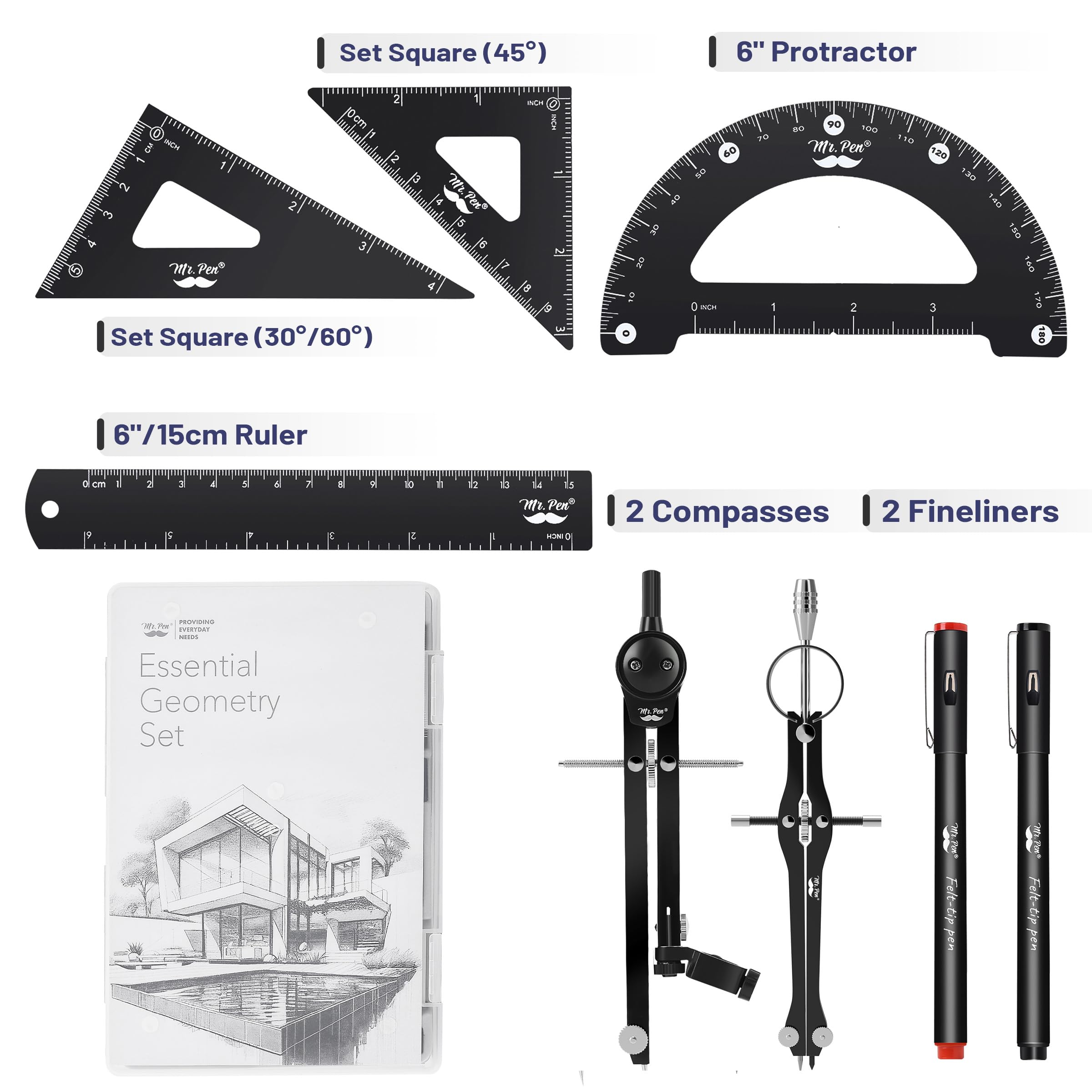 Mr. Pen- Professional Geometry Set, 15 pcs, Geometry Kit for Artists and Students, Geometry Set, Metal Rulers and Compasses, Drawing Tools, Drafting Supplies, Drafting Set, Drafting Tools and Kits