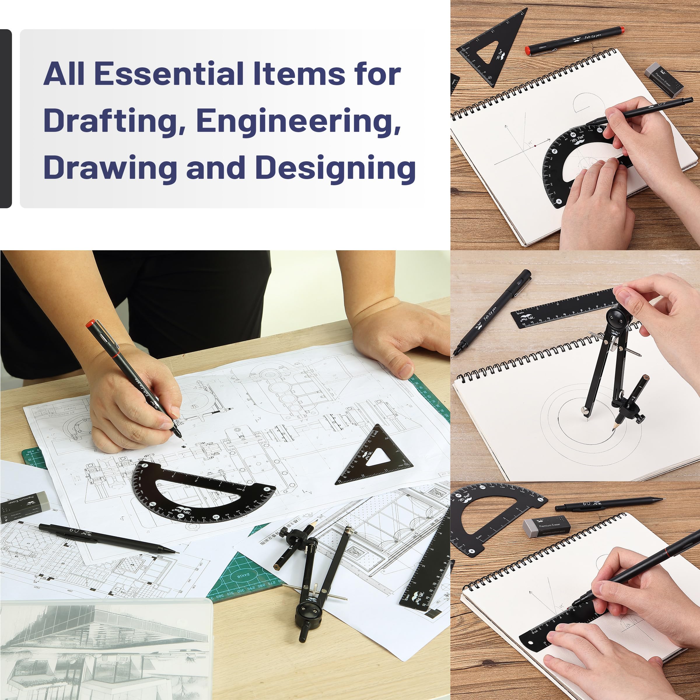 Mr. Pen- Professional Geometry Set, 15 pcs, Geometry Kit for Artists and Students, Geometry Set, Metal Rulers and Compasses, Drawing Tools, Drafting Supplies, Drafting Set, Drafting Tools and Kits